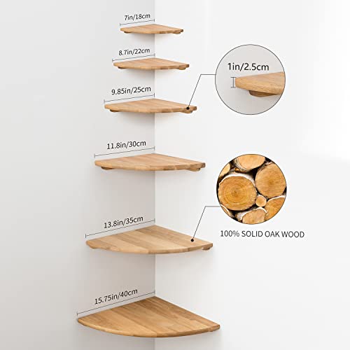 Corner Shelf, 9inch Solid Oak Wood Floating Corner Shelf Wall Mount Round End Floating Speaker Shelf with Wire Hole Display Shelf for Small Plant Photo Frame for Bedroom Kitchen, Living Room