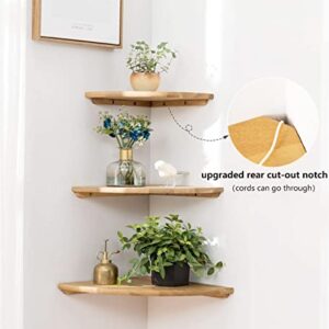 Corner Shelf, 9inch Solid Oak Wood Floating Corner Shelf Wall Mount Round End Floating Speaker Shelf with Wire Hole Display Shelf for Small Plant Photo Frame for Bedroom Kitchen, Living Room