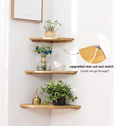 Corner Shelf, 9inch Solid Oak Wood Floating Corner Shelf Wall Mount Round End Floating Speaker Shelf with Wire Hole Display Shelf for Small Plant Photo Frame for Bedroom Kitchen, Living Room