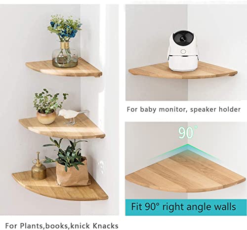 Corner Shelf, 9inch Solid Oak Wood Floating Corner Shelf Wall Mount Round End Floating Speaker Shelf with Wire Hole Display Shelf for Small Plant Photo Frame for Bedroom Kitchen, Living Room