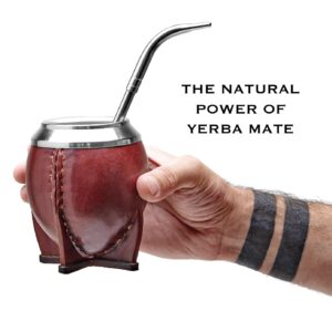 BALIBETOV Premium Yerba Mate Gourd (Mate Cup) - Uruguayan Mate - Leather Wrapped - Includes Stainless Steel Bombilla and Cleaning Brush. (Torpedo Burgundy)