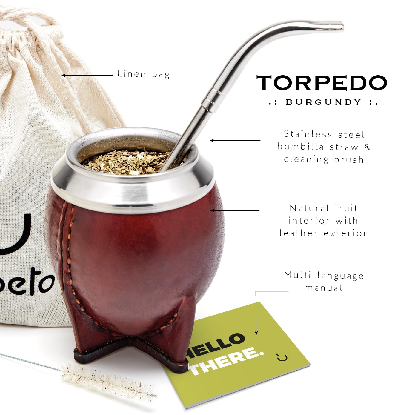 BALIBETOV Premium Yerba Mate Gourd (Mate Cup) - Uruguayan Mate - Leather Wrapped - Includes Stainless Steel Bombilla and Cleaning Brush. (Torpedo Burgundy)