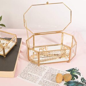 Home Details Octagonal Glass Keepsake Box | Jewelry Organizer | Decorative Accent | Vanity | Table Décor | Wedding Bridal Gift | Jars & Boxes | Gold