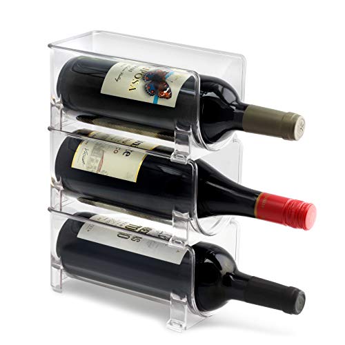 ELTOW Stackable Plastic Wine Rack - Modular Wine Bottle Organizer - Wine Holder for Fridge - Storing Champagne and Water Bottles - for Bar, Countertop, Dining Room Display, Heavy Duty, Clear (3-Pack)