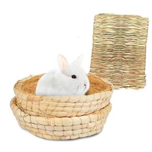 bunny grass mat bed 3-pcs,rabbit digging natural woven straw mats bedding,guinea pig timothy hay resting basket,pet cage chewing toys for hamster chinchilla ferret gerbil