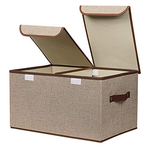 UUJOLY Cube Storage Bins with Lids Storage Box with Lids Linen Fabric Foldable Basket Cubes Organizer Storage Drawer with Lids and Handles for Home, Office, Closet, Bedroom, Nursery, Khaki