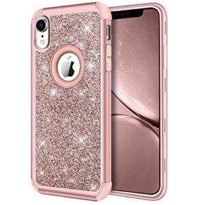 hython compatible with iphone xr case, heavy duty full-body defender protective bling glitter sparkle hard shell armor hybrid shockproof silicone rubber bumper cover for iphone xr 6.1-inch, rose gold