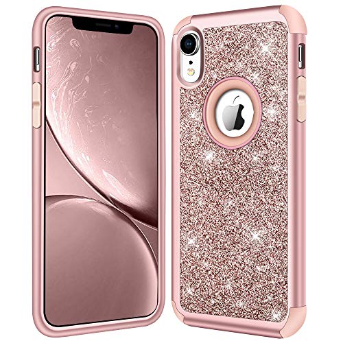 Hython Compatible with iPhone XR Case, Heavy Duty Full-Body Defender Protective Bling Glitter Sparkle Hard Shell Armor Hybrid Shockproof Silicone Rubber Bumper Cover for iPhone XR 6.1-Inch, Rose Gold