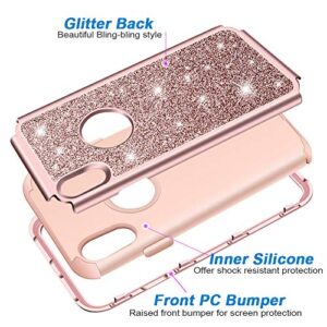 Hython Compatible with iPhone XR Case, Heavy Duty Full-Body Defender Protective Bling Glitter Sparkle Hard Shell Armor Hybrid Shockproof Silicone Rubber Bumper Cover for iPhone XR 6.1-Inch, Rose Gold