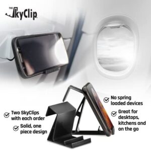 The SkyClip - (Black, 2 Pack Airplane Cell Phone Seat Back Tray Table Clip and Sturdy Phone Stand, Compatible with iPhone, Android, Tablets, and Readers