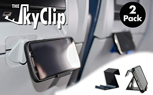 The SkyClip - (Black, 2 Pack Airplane Cell Phone Seat Back Tray Table Clip and Sturdy Phone Stand, Compatible with iPhone, Android, Tablets, and Readers