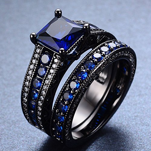 Opal Jewelry Blue Sapphire Prong Set Engagement Rings Black Gold Filled Men/Women's Size 5-10 (8)