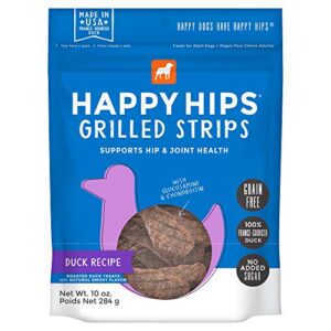 happy hips & joint, grilled strips, grain free dog treats, glucosamine & chondroitin, duck 10oz