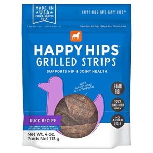 happy hips & joint, grilled strips, grain free dog treats, glucosamine & chondroitin, duck 4oz