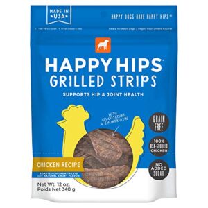 happy hips & joint, grilled strips, grain free dog treats, glucosamine & chondroitin, chicken 12oz