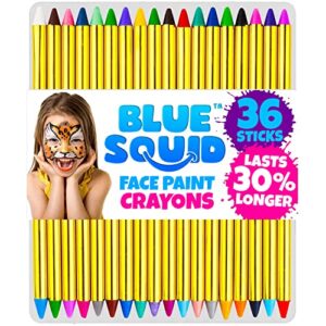 face paint crayons for kids, blue squid 36 jumbo 3.25" face & body painting makeup crayons, safe for sensitive skin, 8 metallic & 28 classic colors, great for birthdays & halloween makeup