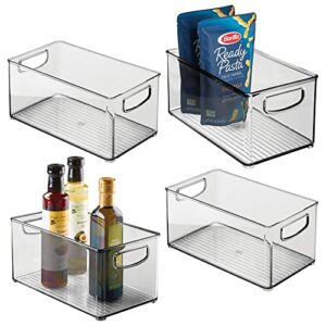mdesign plastic kitchen organizer - storage holder bin with handles for pantry, cupboard, cabinet, fridge/freezer, shelves, counter - holds canned food, snacks - ligne collection - 4 pack - smoke gray