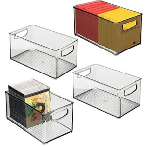 mdesign plastic rectangular drawer organizer storage bin holder with handles - for home office, living room, kitchen, bathroom, bedroom; desk drawer - holds office accessories - 4 pack - smoke gray