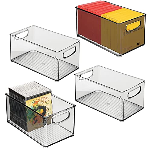 mDesign Plastic Rectangular Drawer Organizer Storage Bin Holder with Handles - for Home Office, Living Room, Kitchen, Bathroom, Bedroom; Desk Drawer - Holds Office Accessories - 4 Pack - Smoke Gray