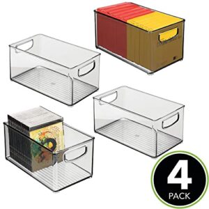 mDesign Plastic Rectangular Drawer Organizer Storage Bin Holder with Handles - for Home Office, Living Room, Kitchen, Bathroom, Bedroom; Desk Drawer - Holds Office Accessories - 4 Pack - Smoke Gray