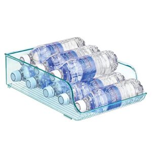mdesign wide plastic kitchen water bottle storage organizer tray rack - holder and dispenser for refrigerators, freezers, cabinets, pantry, garage - sea blue