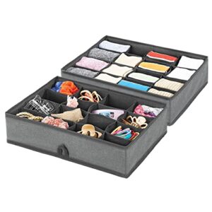 mdesign soft fabric dresser drawer and closet storage organizer tray - 16 sections for lingerie, bras, socks, leggings, underwear, jewelry, scarves - textured print, 2 pack - charcoal gray/black