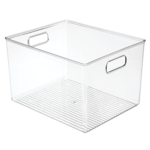 mDesign Large Modern Stackable Plastic Storage Organizer Bin Basket with Handle for Bathroom Vanity Organization - Shelf, Cubby, Cabinet, and Closet Organizing Decor, Ligne Collection - Clear