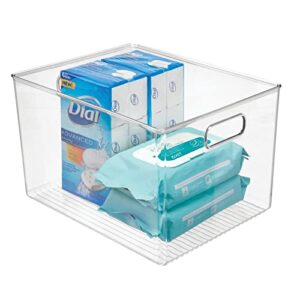 mdesign large modern stackable plastic storage organizer bin basket with handle for bathroom vanity organization - shelf, cubby, cabinet, and closet organizing decor, ligne collection - clear
