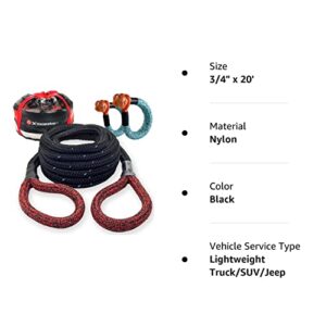 X MONSTER Kinetic Recovery Tow Rope 3/4" x 20' (MBS 22,000 lbs) with Reflective Tape and 2 Soft Shackles (21,800bs) Offroad Recovery Kit