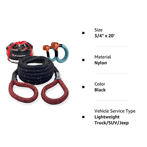 X MONSTER Kinetic Recovery Tow Rope 3/4" x 20' (MBS 22,000 lbs) with Reflective Tape and 2 Soft Shackles (21,800bs) Offroad Recovery Kit