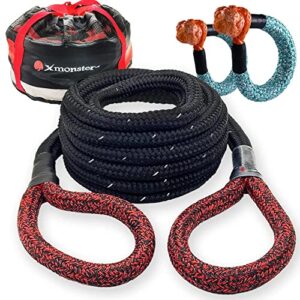 x monster kinetic recovery tow rope 3/4" x 20' (mbs 22,000 lbs) with reflective tape and 2 soft shackles (21,800bs) offroad recovery kit