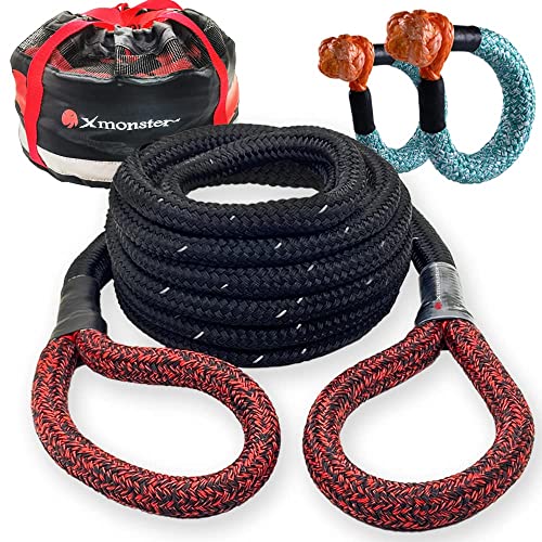 X MONSTER Kinetic Recovery Tow Rope 3/4" x 20' (MBS 22,000 lbs) with Reflective Tape and 2 Soft Shackles (21,800bs) Offroad Recovery Kit