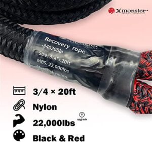 X MONSTER Kinetic Recovery Tow Rope 3/4" x 20' (MBS 22,000 lbs) with Reflective Tape and 2 Soft Shackles (21,800bs) Offroad Recovery Kit