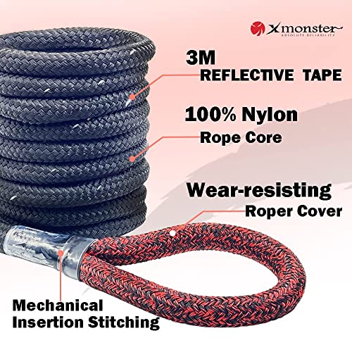 X MONSTER Kinetic Recovery Tow Rope 3/4" x 20' (MBS 22,000 lbs) with Reflective Tape and 2 Soft Shackles (21,800bs) Offroad Recovery Kit