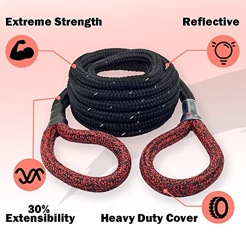X MONSTER Kinetic Recovery Tow Rope 3/4" x 20' (MBS 22,000 lbs) with Reflective Tape and 2 Soft Shackles (21,800bs) Offroad Recovery Kit