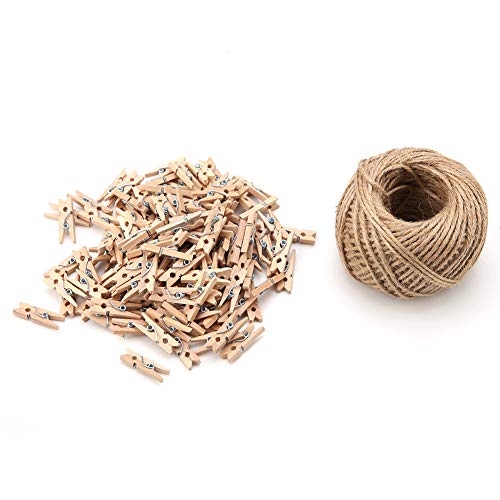 Mini Wooden Clips, 250pcs Natural Wooden Mini Photo Clips Clothespin Craft Decoration Clips with 1 Roll 50 Meter Jute Twine Crafts Decor