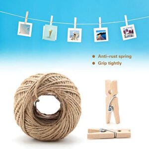 Mini Wooden Clips, 250pcs Natural Wooden Mini Photo Clips Clothespin Craft Decoration Clips with 1 Roll 50 Meter Jute Twine Crafts Decor