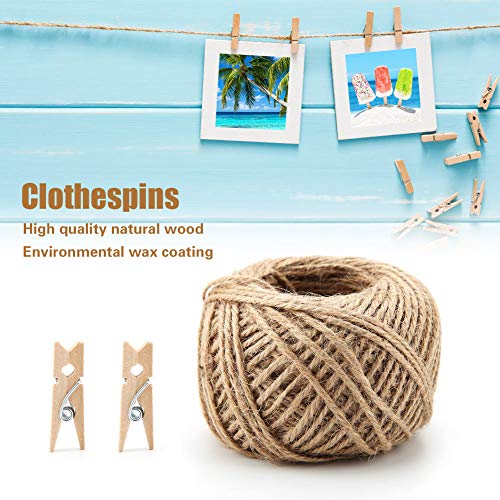 Mini Wooden Clips, 250pcs Natural Wooden Mini Photo Clips Clothespin Craft Decoration Clips with 1 Roll 50 Meter Jute Twine Crafts Decor