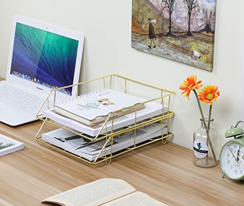 PAG Metal Stackable Letter Tray Desktop File Organizer Paper Holder Rack, 2 Pack, Gold