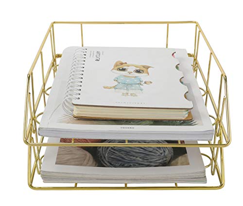 PAG Metal Stackable Letter Tray Desktop File Organizer Paper Holder Rack, 2 Pack, Gold