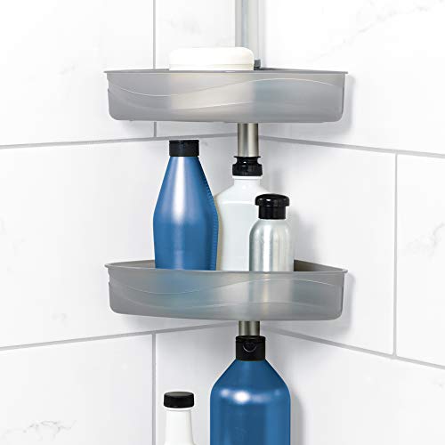 Zenna Home NeverRust Aluminum Tension Pole Shower Caddy, 5 Basket Shelves, Adjustable, 60 - 108 Inch, Satin Chrome & Gray