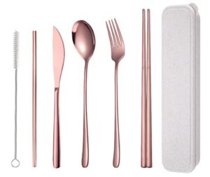 aarainbow 6 pieces 18/8 stainless steel flatware set portable reusable cutlery set travel utensils set including chopsticks knife fork spoon straws cleaning brush dishwasher safe (rose gold)