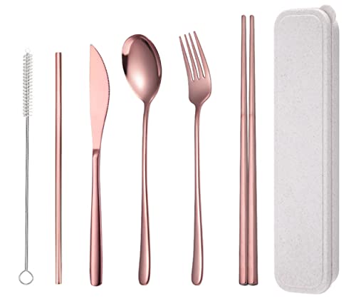 AARAINBOW 6 Pieces 18/8 Stainless Steel Flatware Set Portable Reusable Cutlery Set Travel Utensils Set Including Chopsticks Knife Fork Spoon Straws Cleaning Brush Dishwasher Safe (Rose Gold)