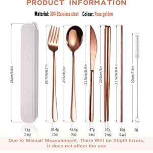 AARAINBOW 6 Pieces 18/8 Stainless Steel Flatware Set Portable Reusable Cutlery Set Travel Utensils Set Including Chopsticks Knife Fork Spoon Straws Cleaning Brush Dishwasher Safe (Rose Gold)