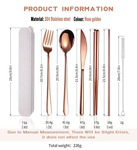 AARAINBOW 6 Pieces 18/8 Stainless Steel Flatware Set Portable Reusable Cutlery Set Travel Utensils Set Including Chopsticks Knife Fork Spoon Straws Cleaning Brush Dishwasher Safe (Rose Gold)