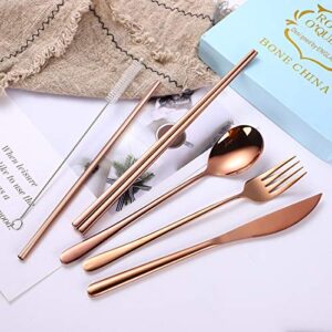 AARAINBOW 6 Pieces 18/8 Stainless Steel Flatware Set Portable Reusable Cutlery Set Travel Utensils Set Including Chopsticks Knife Fork Spoon Straws Cleaning Brush Dishwasher Safe (Rose Gold)