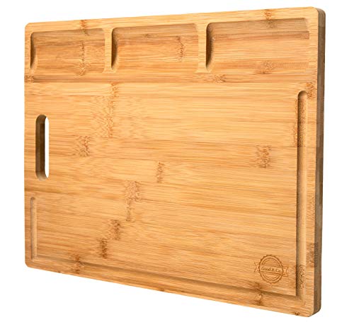 Large Organic Bamboo Cutting Board - Wooden Charcuterie Cheese Serving Platter For Kitchen - With Deep Drip Edge & Garnish Bowls - Boards Are BPA Free,16x12” - Unique Housewarming Gift Idea - Good&Co.