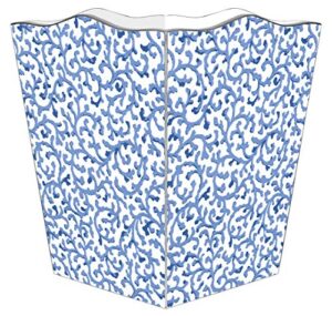 marye-kelley blue waverly scroll handmade wood wastepaper basket scalloped top, decoupage wastebasket for bedroom, bathroom, office, kitchen, made in the usa
