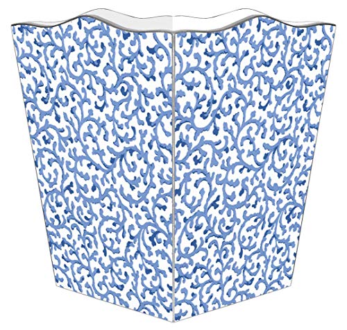 Marye-Kelley Blue Waverly Scroll Handmade Wood Wastepaper Basket Scalloped Top, Decoupage Wastebasket for Bedroom, Bathroom, Office, Kitchen, Made in The USA