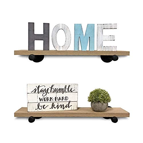 Rustic Farmhouse Reclaimed Wood Shelves | Barnwood Shelves | Set of 2 | 24 Inches (Genuine Salvaged/Reclaimed) | with Black Industrial Pipe Brackets | Made in USA (Ohio) | 24" x 1" x 6"